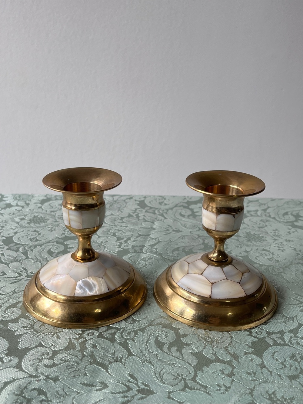 Vintage Brass & Mother of Pearl Candlestick Holders (Pair)